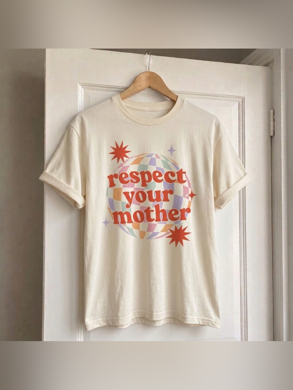 Respect Your Mother Earth Globe Off White Groovy Graphic T-Shirt